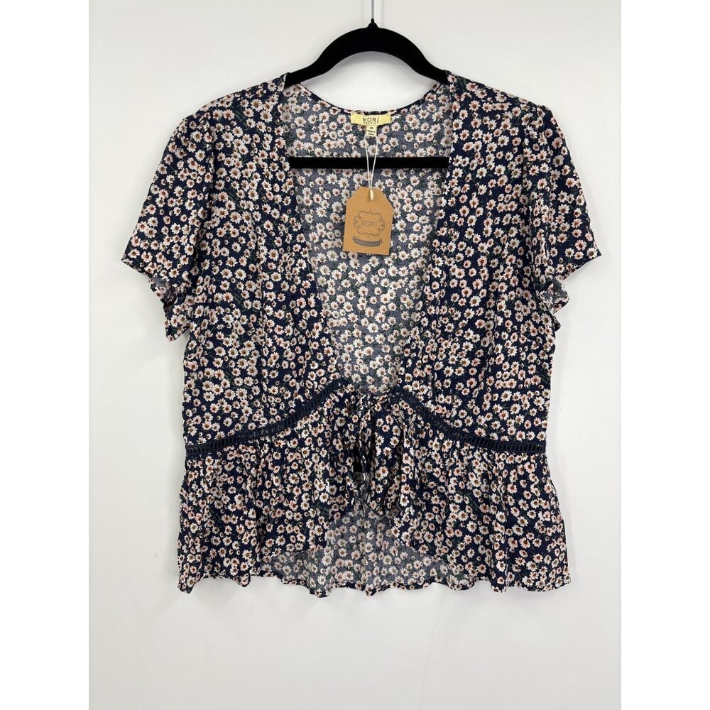KORI America Floral Tie Front Open Top Cardigan Short Sleeve Navy Medium NEW